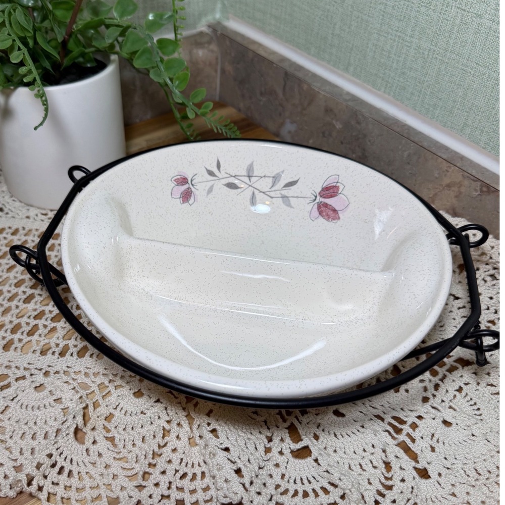 Vtg Franciscan Desert Rose Divided Serving Dish with Wrought Iron Carrier USA